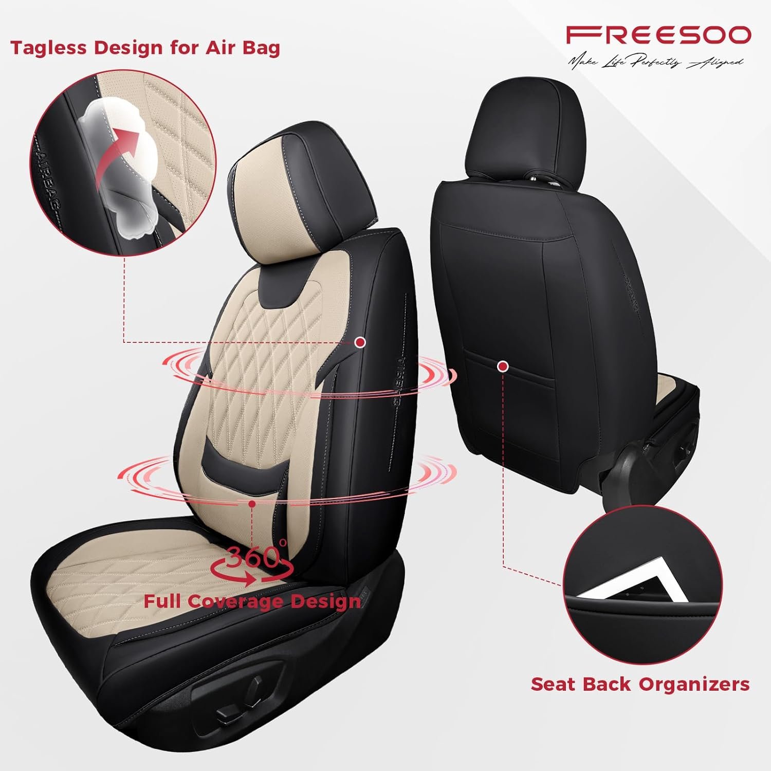 Hot Deals Today 🇺🇸 - FREESOO Black Beige Car Seat Covers Full Set - Faux Nappa Leather Seat Covers for Cars, Luxury Breathable Waterproof Front Seats with Lumbar Support and Back Seat Cover, Fit for Sedans SUVs Pick-ups - Image 3