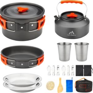 Hot Deals Today 🇺🇸 – 17pcs Camping Cookware Kit, 0.45Gal Pot, 7inches Pan,0.30Gal Kettle...