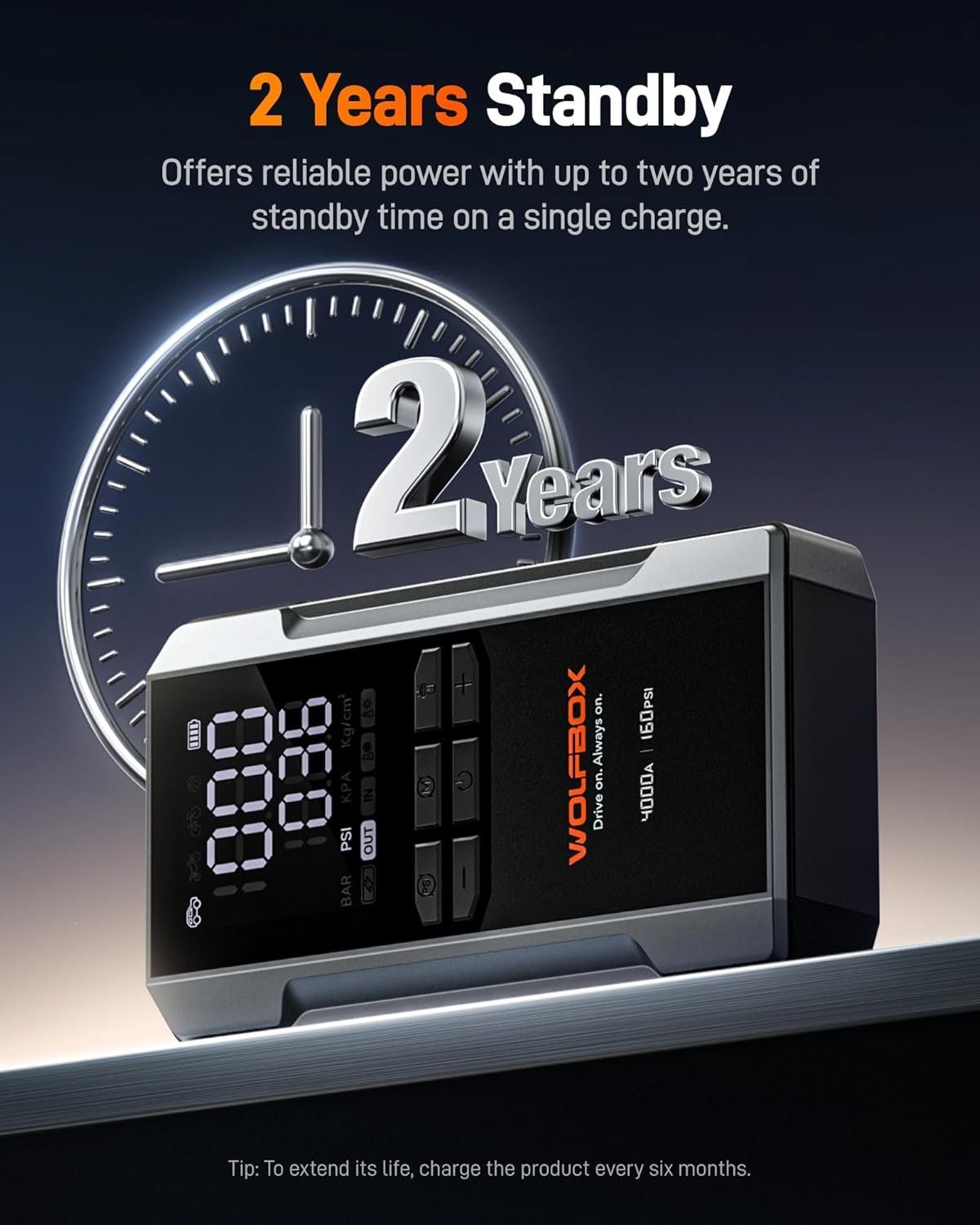 Hot Deals Today 🇺🇸 - WOLFBOX 4000A Jump Starter with 160PSI Air Compressor, 12V Car Battery Booster, 65W Fast Charge, 24000mAh Portable Tire Inflator, LED Display for 10L Gas & 10L Diesel Engines, LED Light, Jumper Cables - Image 7