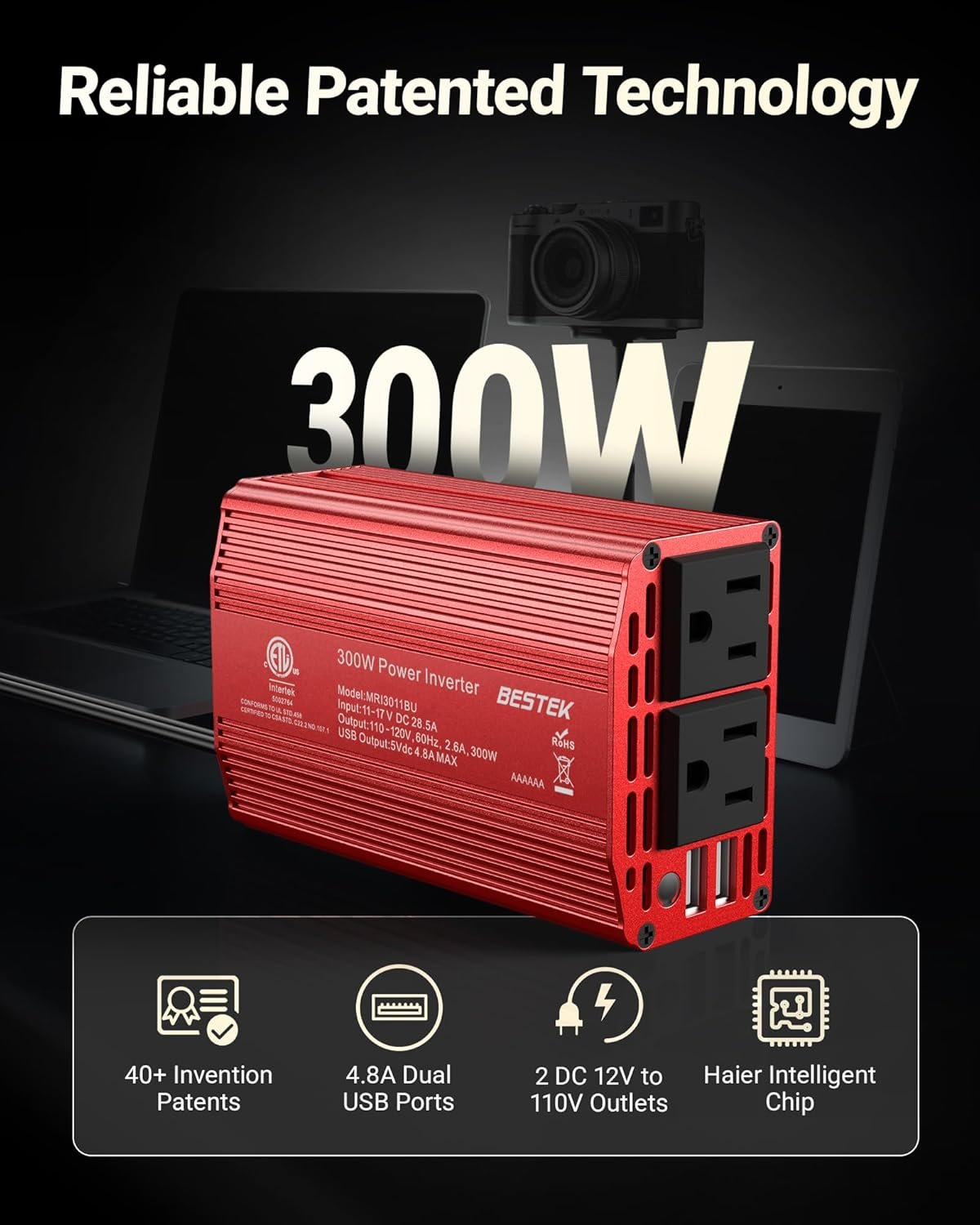 Hot Deals Today πΊπΈ - BESTEK Power Inverter DC 12V to AC 110V - 300W Car Plug Adapter Outlet with 4.8A Dual USB Fast Charging Port - Car Charger Cigarette Lighter Adapter for Phone, Laptop on Road Trip - Aluminum Housing - Image 3