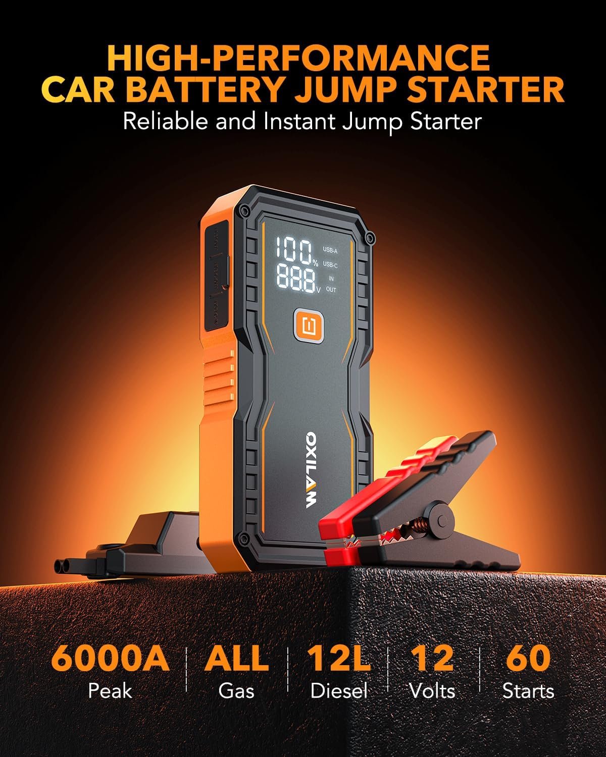 Hot Deals Today 🇺🇸 - OXILAM Jump Starter 6000A for All Gas/12L Diesel, Car Battery Jumper Starter Portable, 12V Lithium Jump Box with Jumper Cables, LED Display, LED Light, Power Bank with USB, Type C Port - Image 5