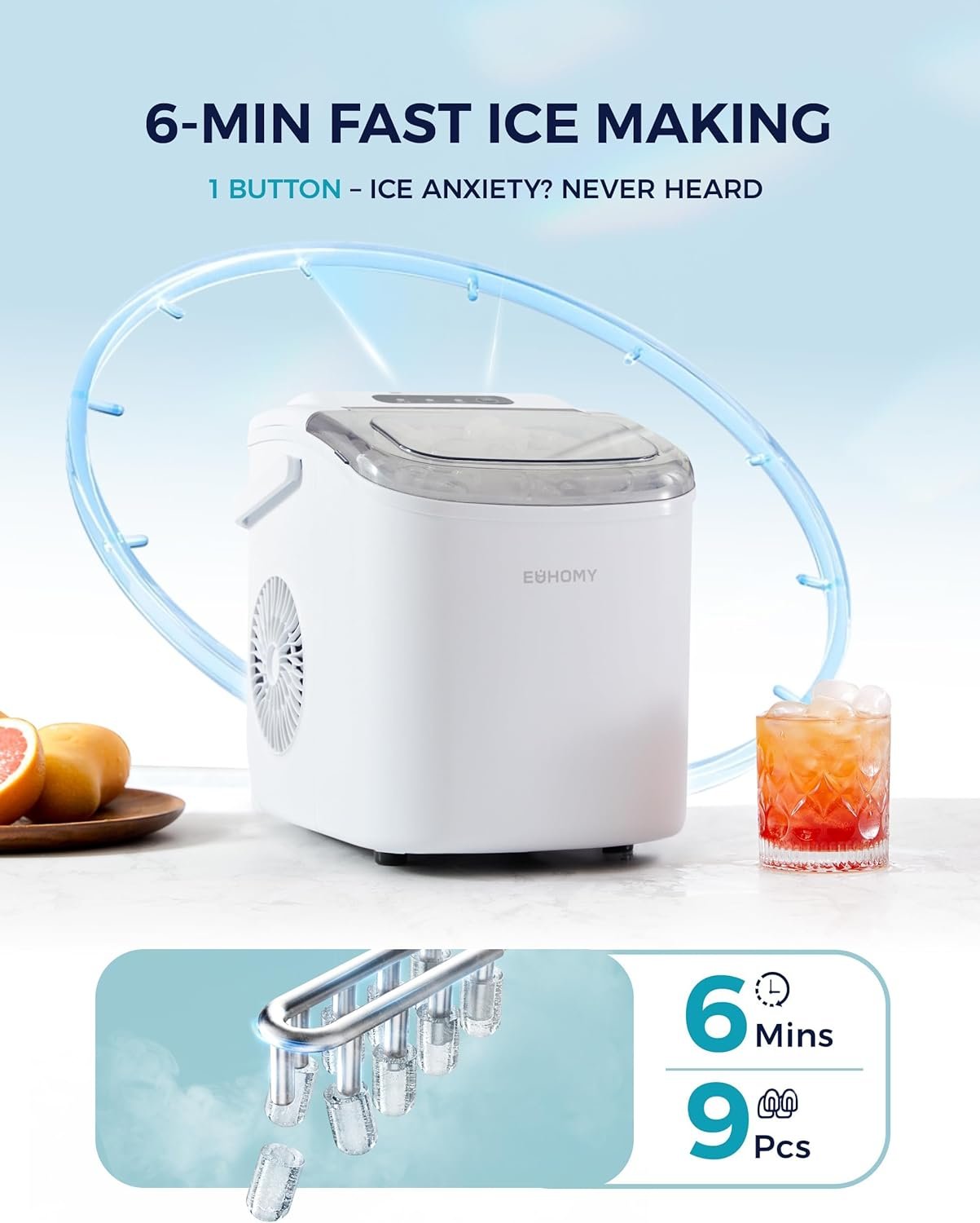 Hot Deals Today πΊπΈ - EUHOMY Countertop Ice Maker Machine with Handle, 26lbs Per Day, 9 Ice Cubes Ready in 6 Mins, Auto-Cleaning Portable Ice Maker with Basket and Scoop, for Home/Kitchen/Camping/RV (White) - Image 4