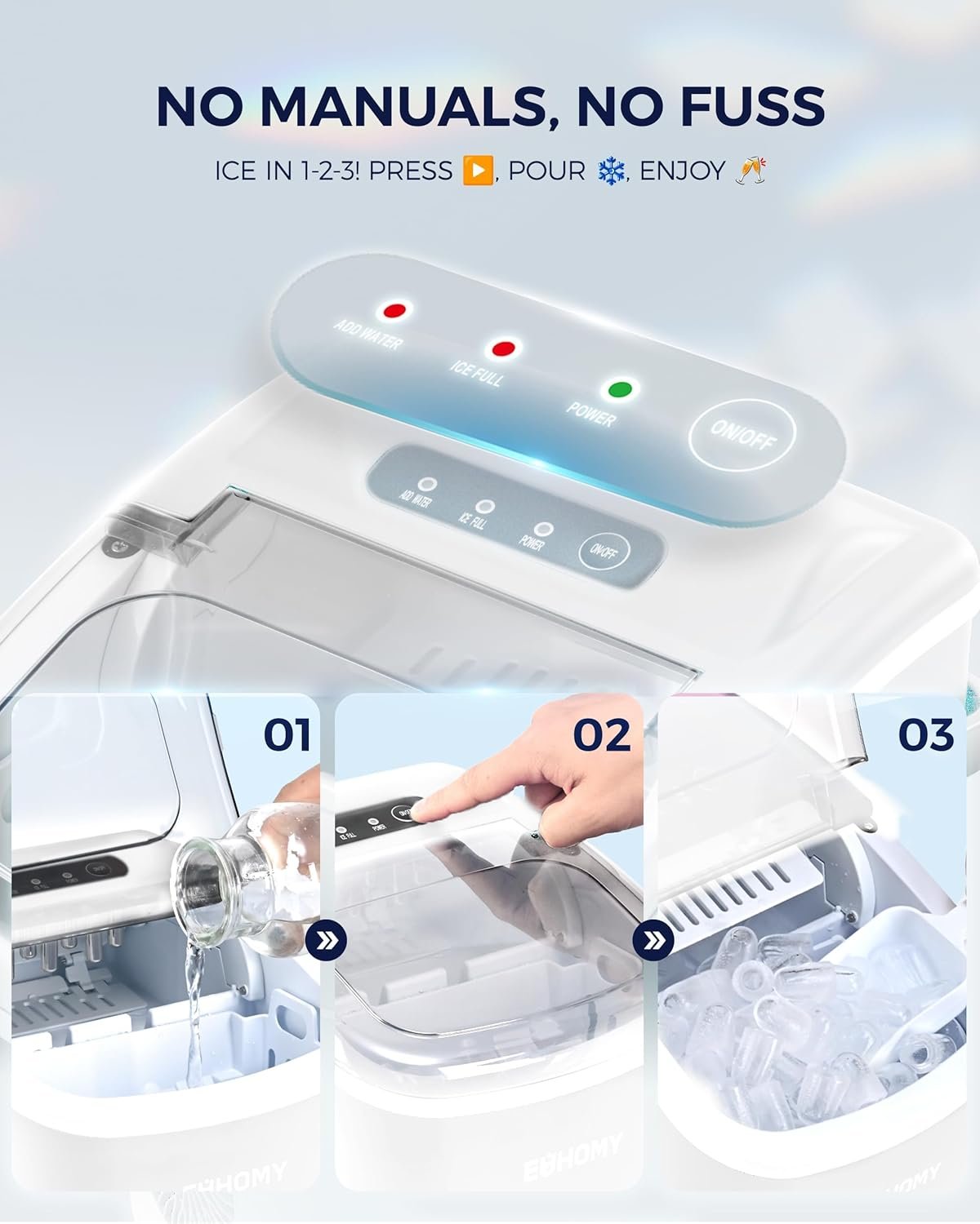 Hot Deals Today πΊπΈ - EUHOMY Countertop Ice Maker Machine with Handle, 26lbs Per Day, 9 Ice Cubes Ready in 6 Mins, Auto-Cleaning Portable Ice Maker with Basket and Scoop, for Home/Kitchen/Camping/RV (White) - Image 7