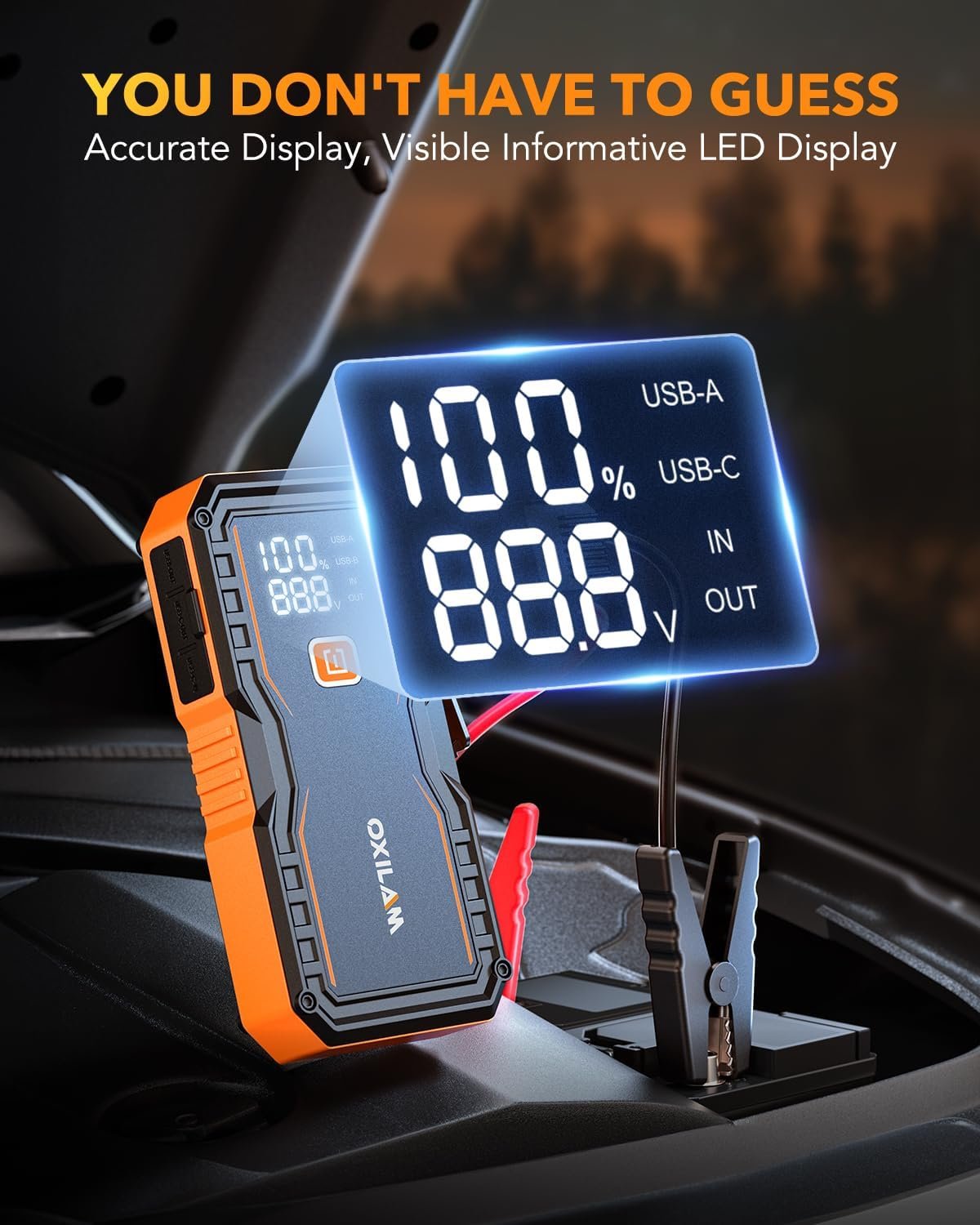 Hot Deals Today 🇺🇸 - OXILAM Jump Starter 6000A for All Gas/12L Diesel, Car Battery Jumper Starter Portable, 12V Lithium Jump Box with Jumper Cables, LED Display, LED Light, Power Bank with USB, Type C Port - Image 9