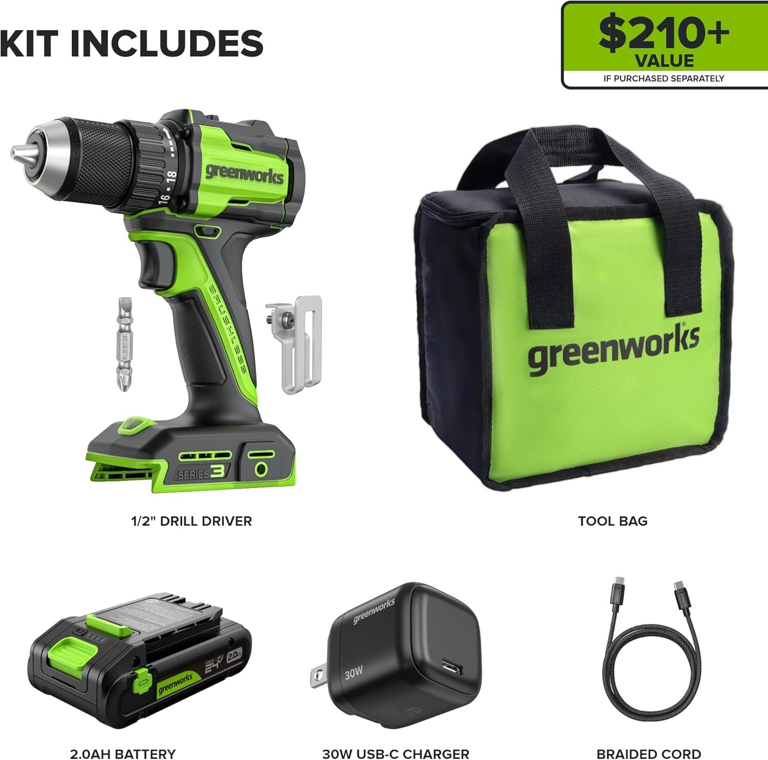 Hot Deals Today ๐บ๐ธ - GREENWORKS 24V 1/2" Brushless Cordless Drill (400 In-lbs.), 2.0Ah (12,000mAh Power Bank) USB-C Batteries, 3.3 FT Braided Cable, 30W Charger - Image 3