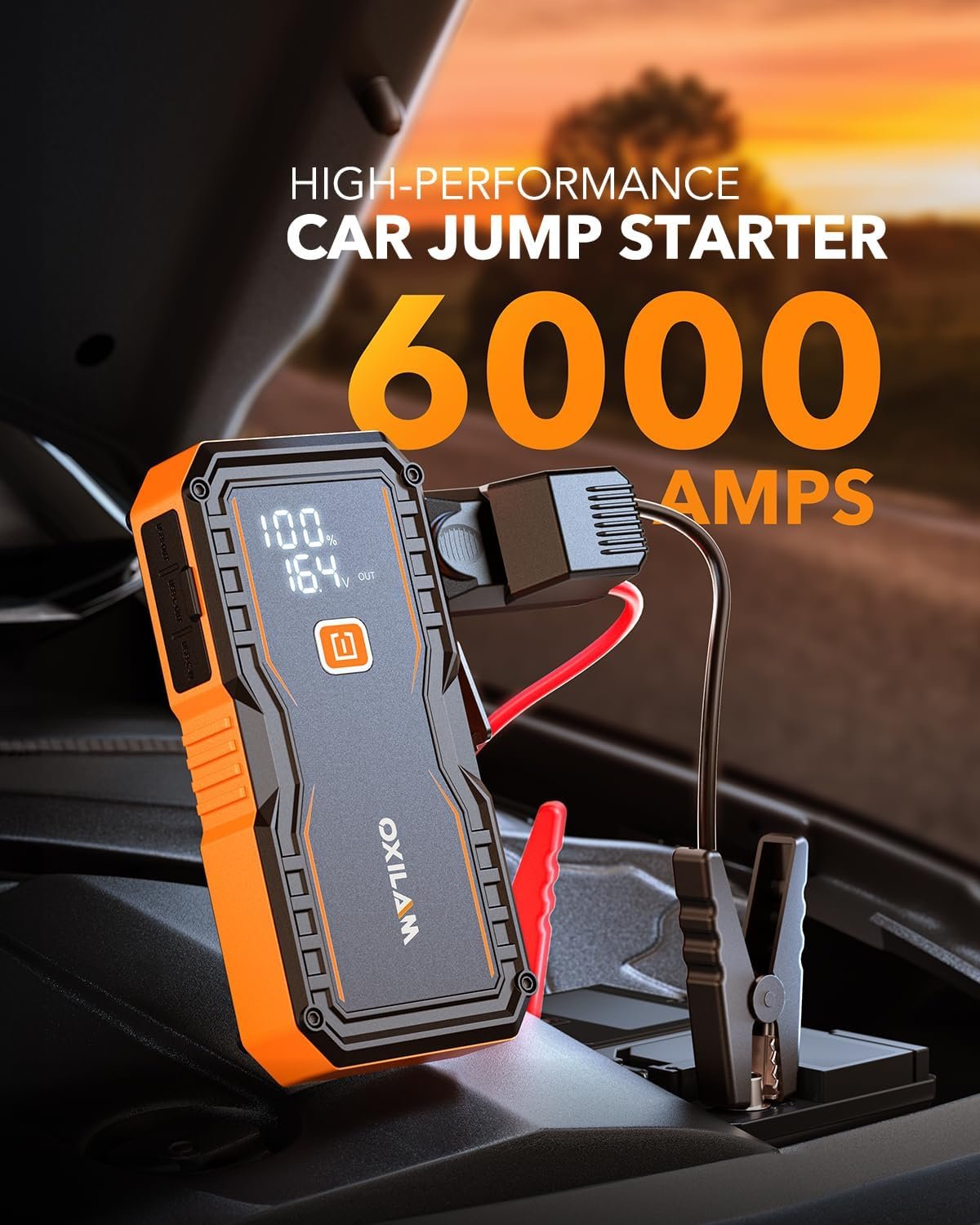 Hot Deals Today 🇺🇸 - OXILAM Jump Starter 6000A for All Gas/12L Diesel, Car Battery Jumper Starter Portable, 12V Lithium Jump Box with Jumper Cables, LED Display, LED Light, Power Bank with USB, Type C Port - Image 3