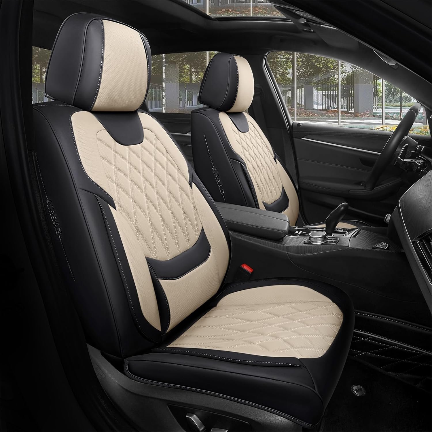 Hot Deals Today 🇺🇸 - FREESOO Black Beige Car Seat Covers Full Set - Faux Nappa Leather Seat Covers for Cars, Luxury Breathable Waterproof Front Seats with Lumbar Support and Back Seat Cover, Fit for Sedans SUVs Pick-ups - Image 2