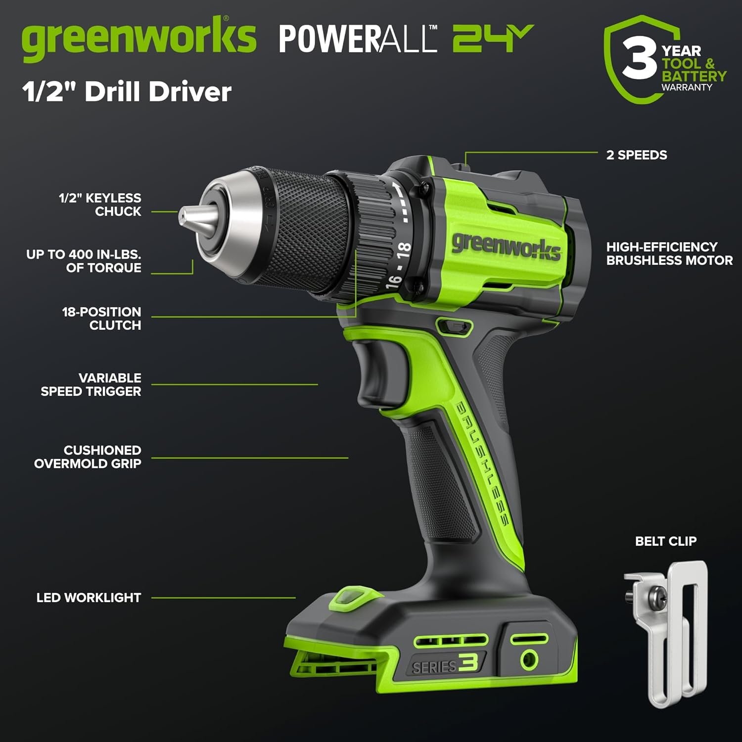 Hot Deals Today ๐บ๐ธ - GREENWORKS 24V 1/2" Brushless Cordless Drill (400 In-lbs.), 2.0Ah (12,000mAh Power Bank) USB-C Batteries, 3.3 FT Braided Cable, 30W Charger - Image 6