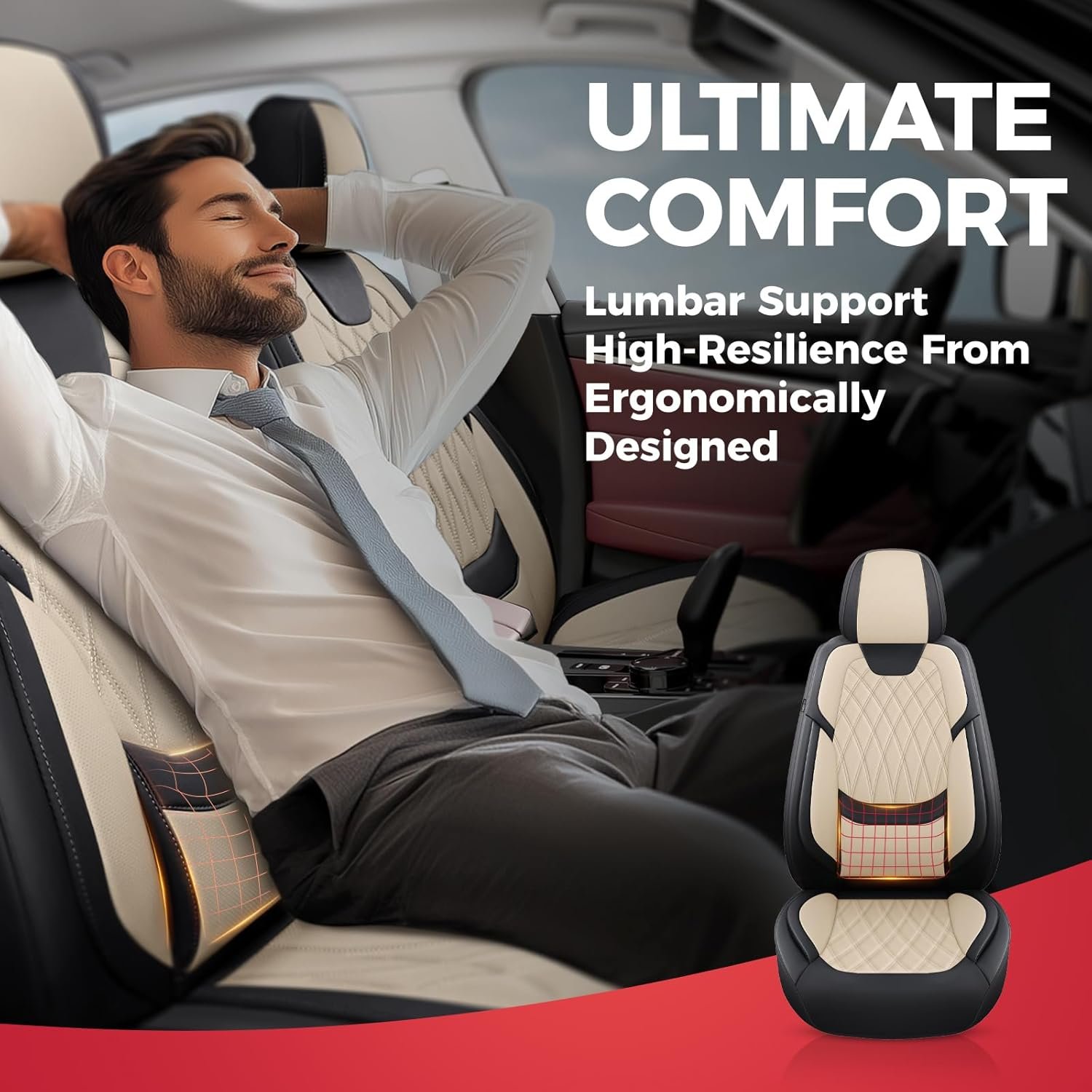 Hot Deals Today 🇺🇸 - FREESOO Black Beige Car Seat Covers Full Set - Faux Nappa Leather Seat Covers for Cars, Luxury Breathable Waterproof Front Seats with Lumbar Support and Back Seat Cover, Fit for Sedans SUVs Pick-ups - Image 7