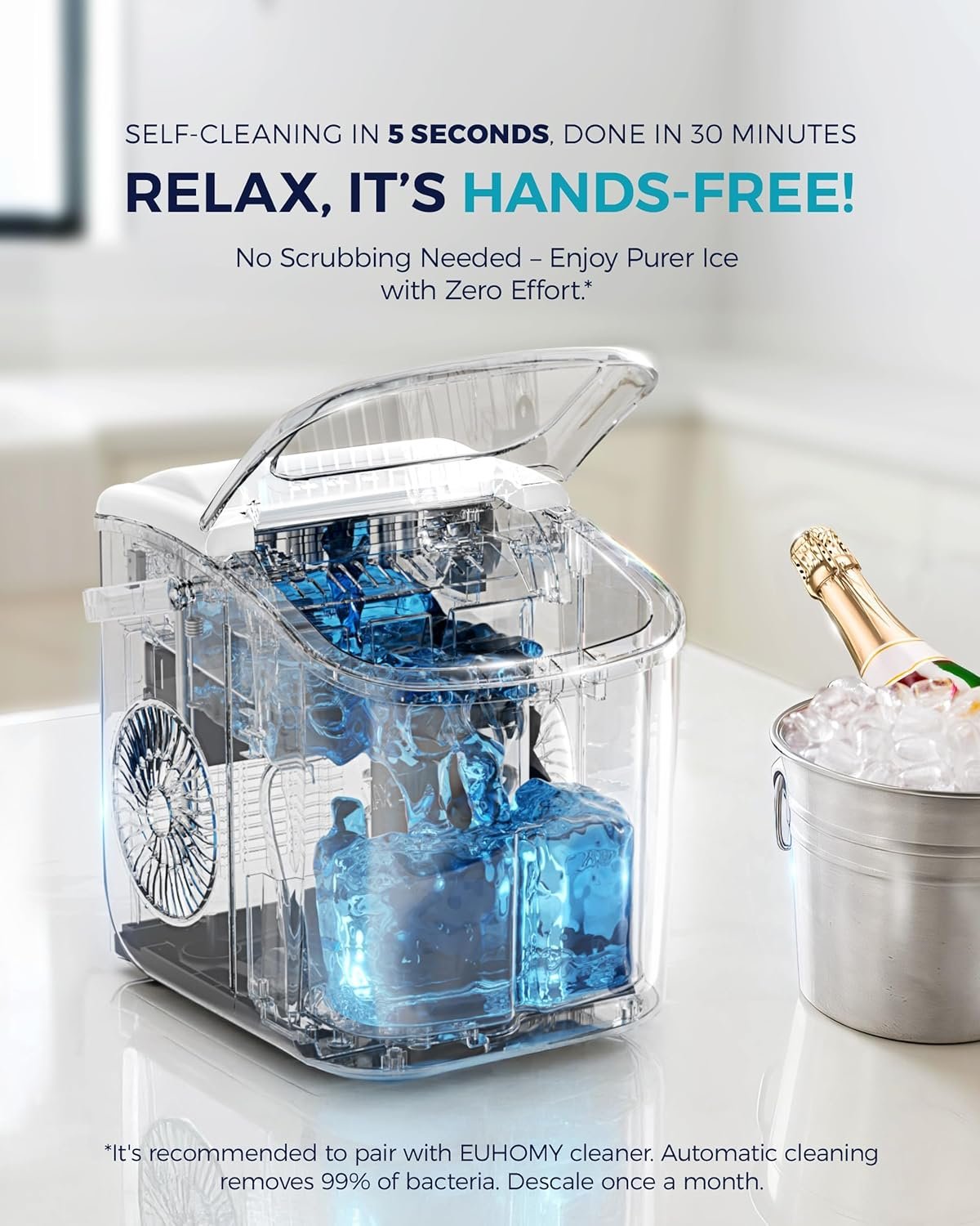 Hot Deals Today πΊπΈ - EUHOMY Countertop Ice Maker Machine with Handle, 26lbs Per Day, 9 Ice Cubes Ready in 6 Mins, Auto-Cleaning Portable Ice Maker with Basket and Scoop, for Home/Kitchen/Camping/RV (White) - Image 6