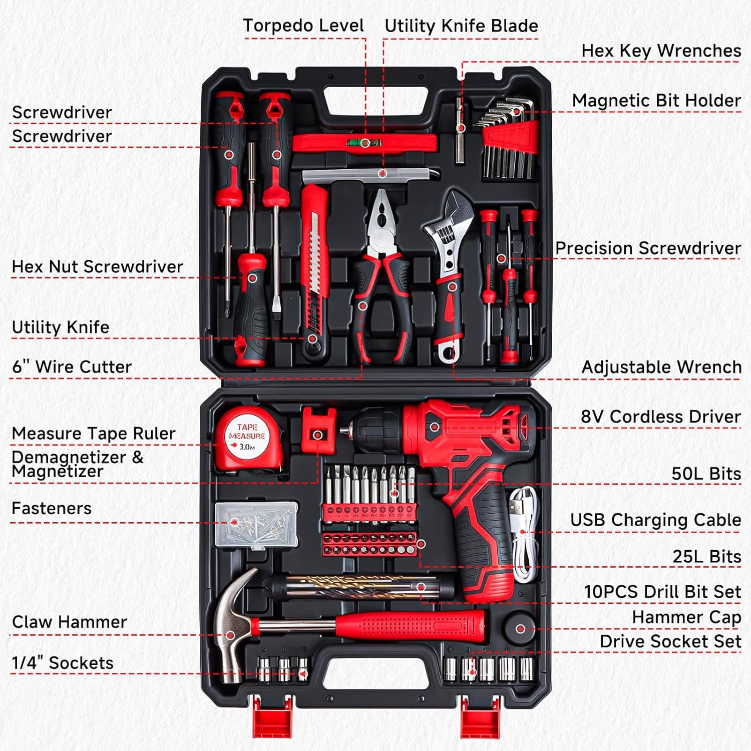 Hot Deals Today 🇺🇸 - Tool Set - 8V Cordless Drill Set, 132 Piece Home Tool Set With Hand Drill, Tool Kit for Women & Men, Perfect for Homeowner, Diyer, Handyman - Image 7