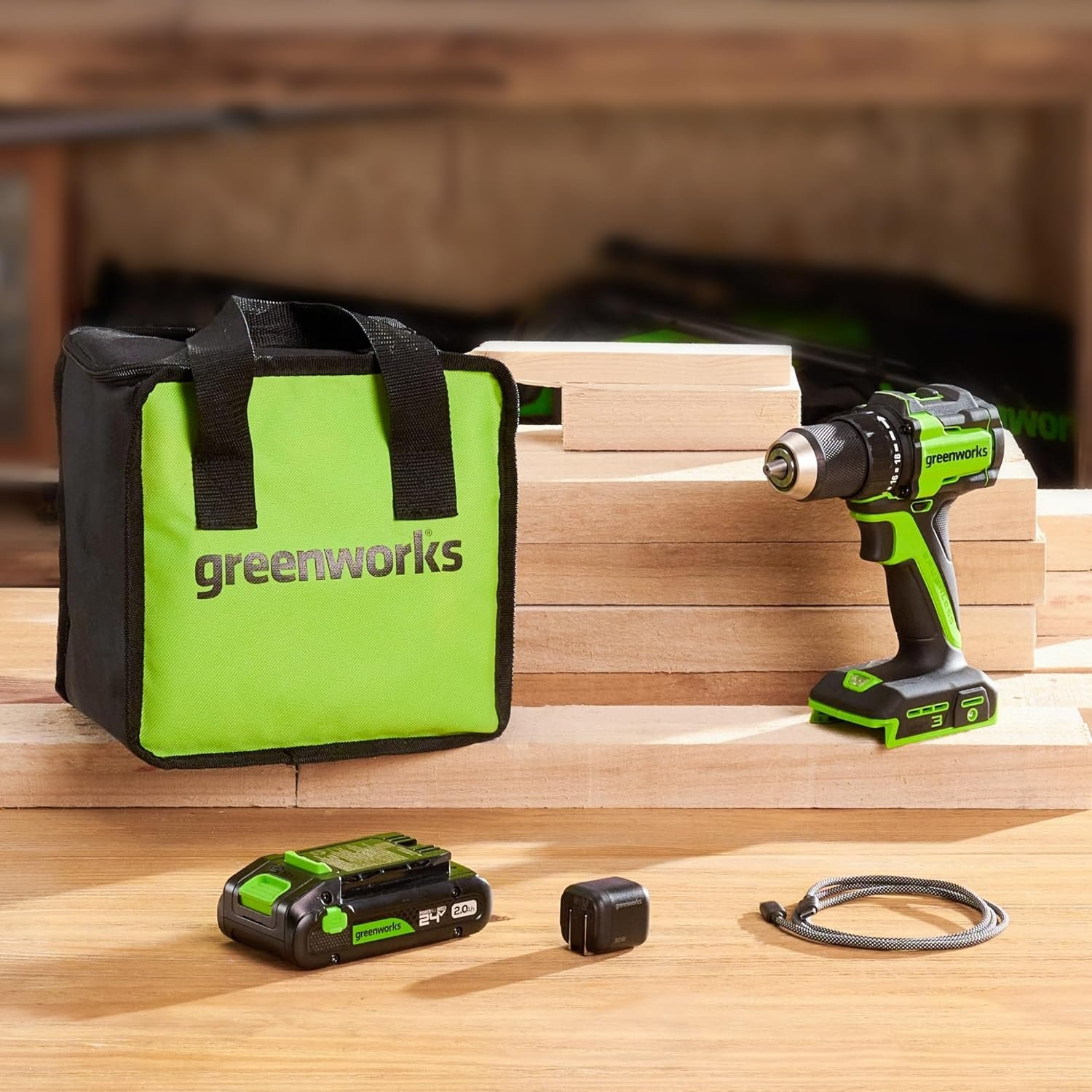 Hot Deals Today ๐บ๐ธ - GREENWORKS 24V 1/2" Brushless Cordless Drill (400 In-lbs.), 2.0Ah (12,000mAh Power Bank) USB-C Batteries, 3.3 FT Braided Cable, 30W Charger - Image 4