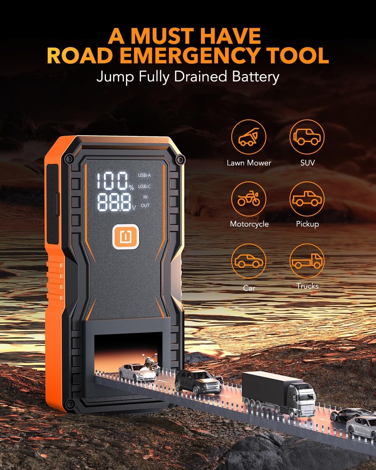 Hot Deals Today 🇺🇸 - OXILAM Jump Starter 6000A for All Gas/12L Diesel, Car Battery Jumper Starter Portable, 12V Lithium Jump Box with Jumper Cables, LED Display, LED Light, Power Bank with USB, Type C Port - Image 4