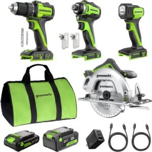 Hot Deals Today 🇺🇸 – GREENWORKS 24V (4-TOOL) Combo (1/2” Drill + 1/4” Impact Driver + 6.5” Circular Saw + 200Lm Flashlight), 4.0Ah + 2.0Ah Batteries (24,000mAh Power Bank), (2) Braided Cables, 65W Rapid Charger