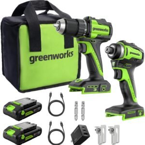 Hot Deals Today 🇺🇸 – Greenworks 24V Cordless Brushless 400 in-lbs Drill/Driver+1950 in-lbs Impact Driver Combo,High Torque, Lightweight, (2) 2.0Ah USB-C Batteries(12,000mAh Power Bank) and 65W USB-C Fast Charger(3-Port)