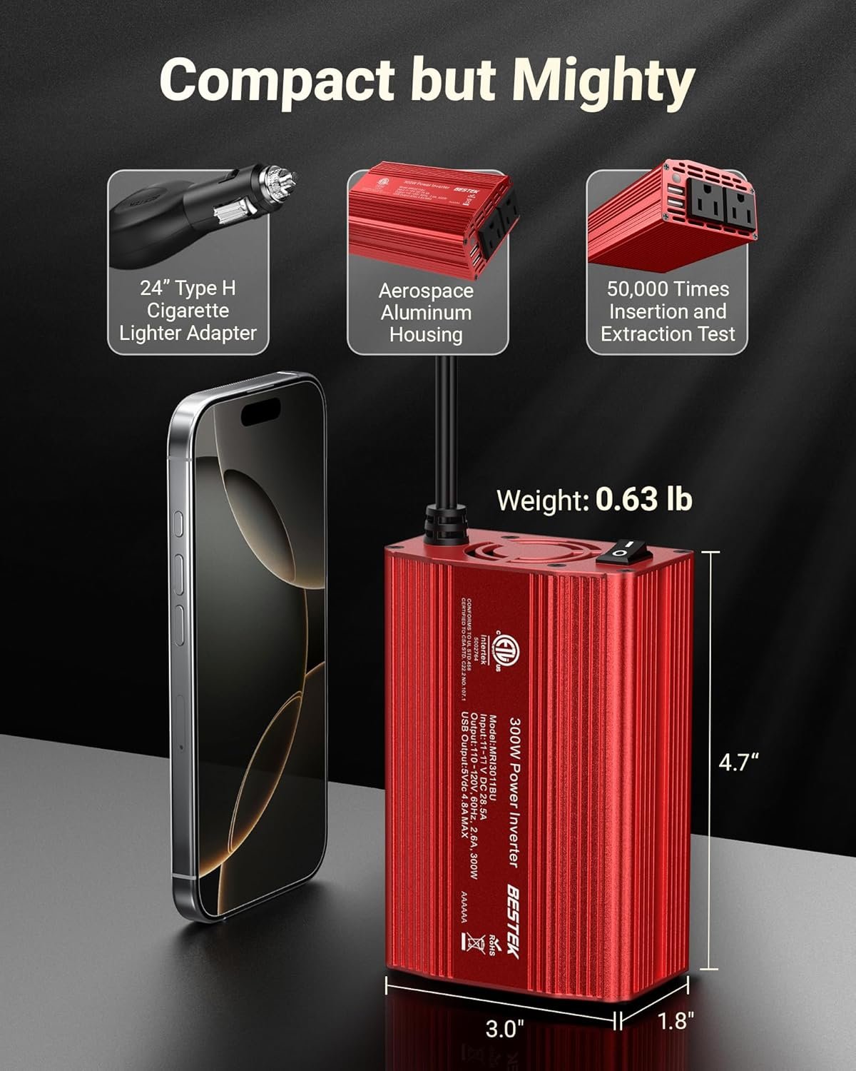 Hot Deals Today πΊπΈ - BESTEK Power Inverter DC 12V to AC 110V - 300W Car Plug Adapter Outlet with 4.8A Dual USB Fast Charging Port - Car Charger Cigarette Lighter Adapter for Phone, Laptop on Road Trip - Aluminum Housing - Image 5