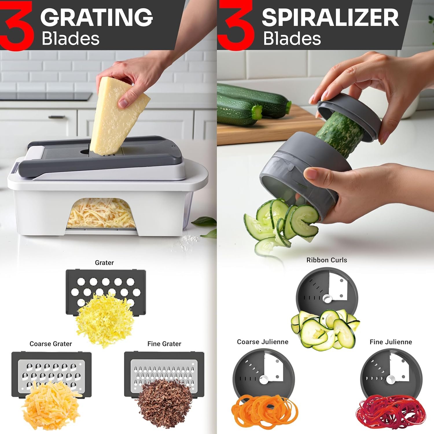 Hot Deals Today πΊπΈ - Mueller Pro-Series All-in-One, 12 Blade Mandoline Slicer for Kitchen, Food Chopper, Vegetable Slicer and Spiralizer, Cutter, Dicer, Grater, Kitchen Gadgets Sets with Container, White Sand/Gray - Image 6