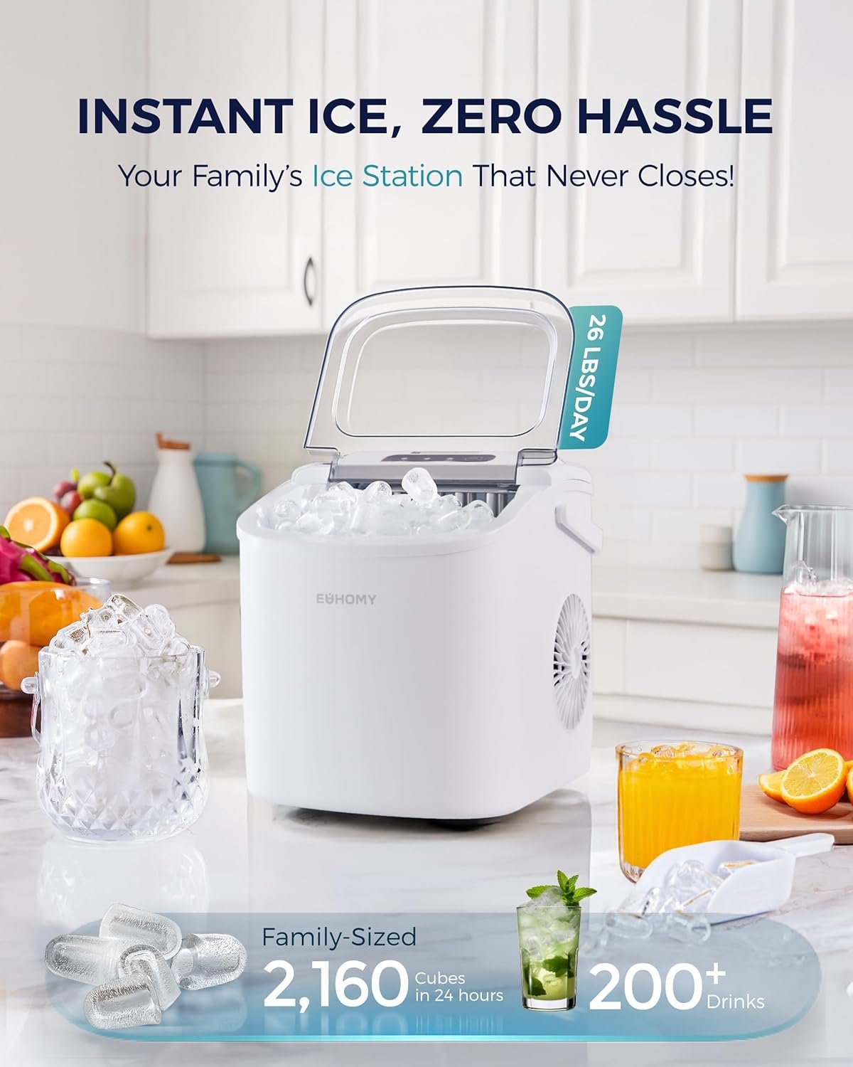 Hot Deals Today πΊπΈ - EUHOMY Countertop Ice Maker Machine with Handle, 26lbs Per Day, 9 Ice Cubes Ready in 6 Mins, Auto-Cleaning Portable Ice Maker with Basket and Scoop, for Home/Kitchen/Camping/RV (White) - Image 3