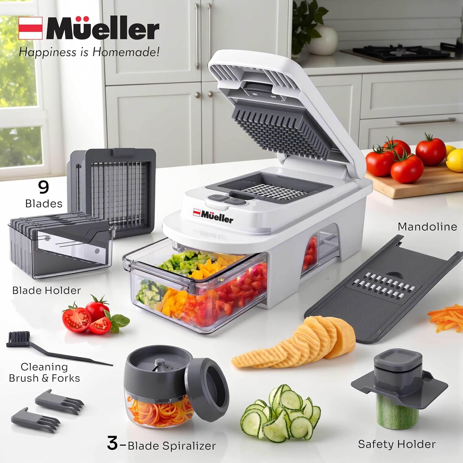 Hot Deals Today πΊπΈ - Mueller Pro-Series All-in-One, 12 Blade Mandoline Slicer for Kitchen, Food Chopper, Vegetable Slicer and Spiralizer, Cutter, Dicer, Grater, Kitchen Gadgets Sets with Container, White Sand/Gray - Image 7