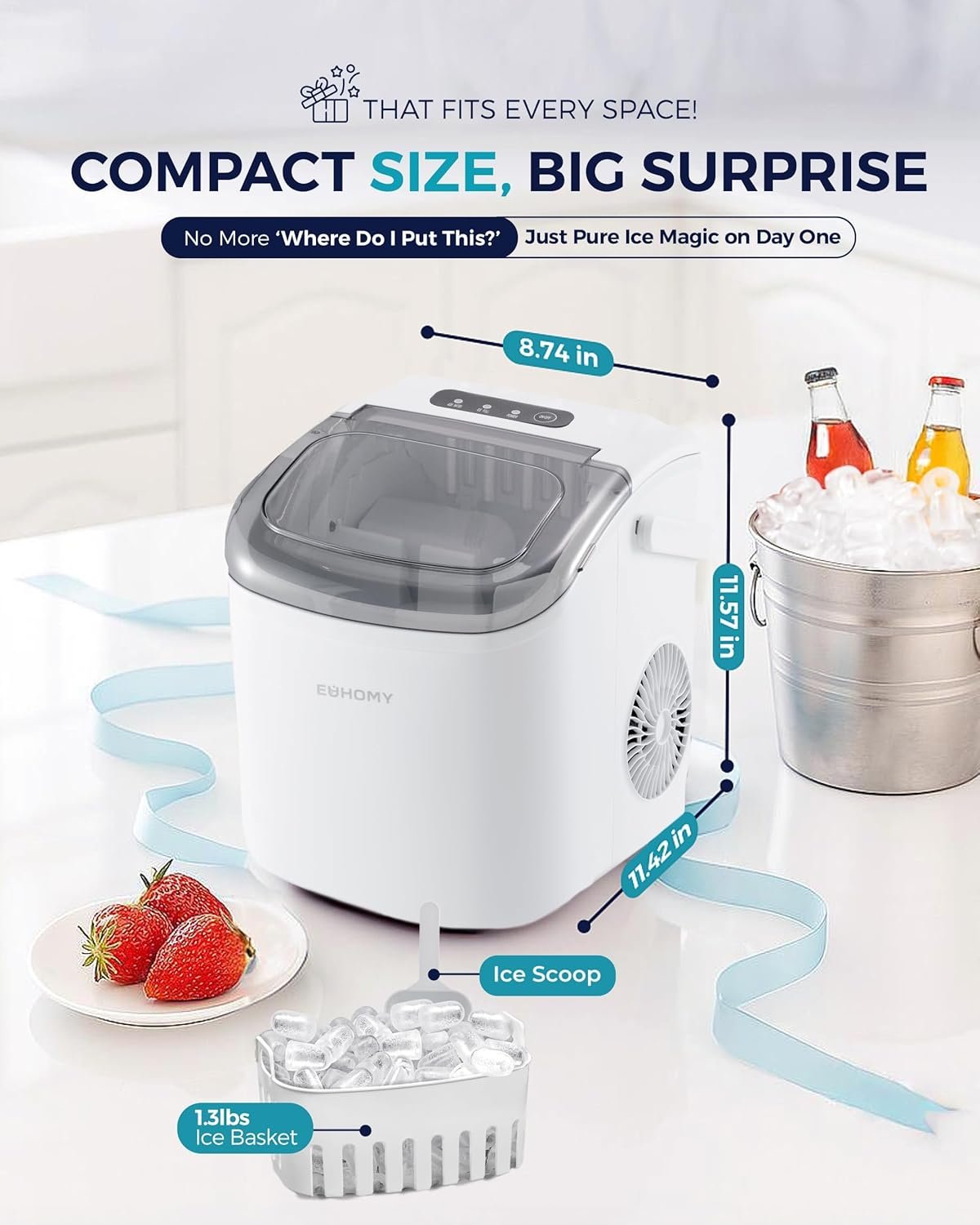 Hot Deals Today πΊπΈ - EUHOMY Countertop Ice Maker Machine with Handle, 26lbs Per Day, 9 Ice Cubes Ready in 6 Mins, Auto-Cleaning Portable Ice Maker with Basket and Scoop, for Home/Kitchen/Camping/RV (White) - Image 10