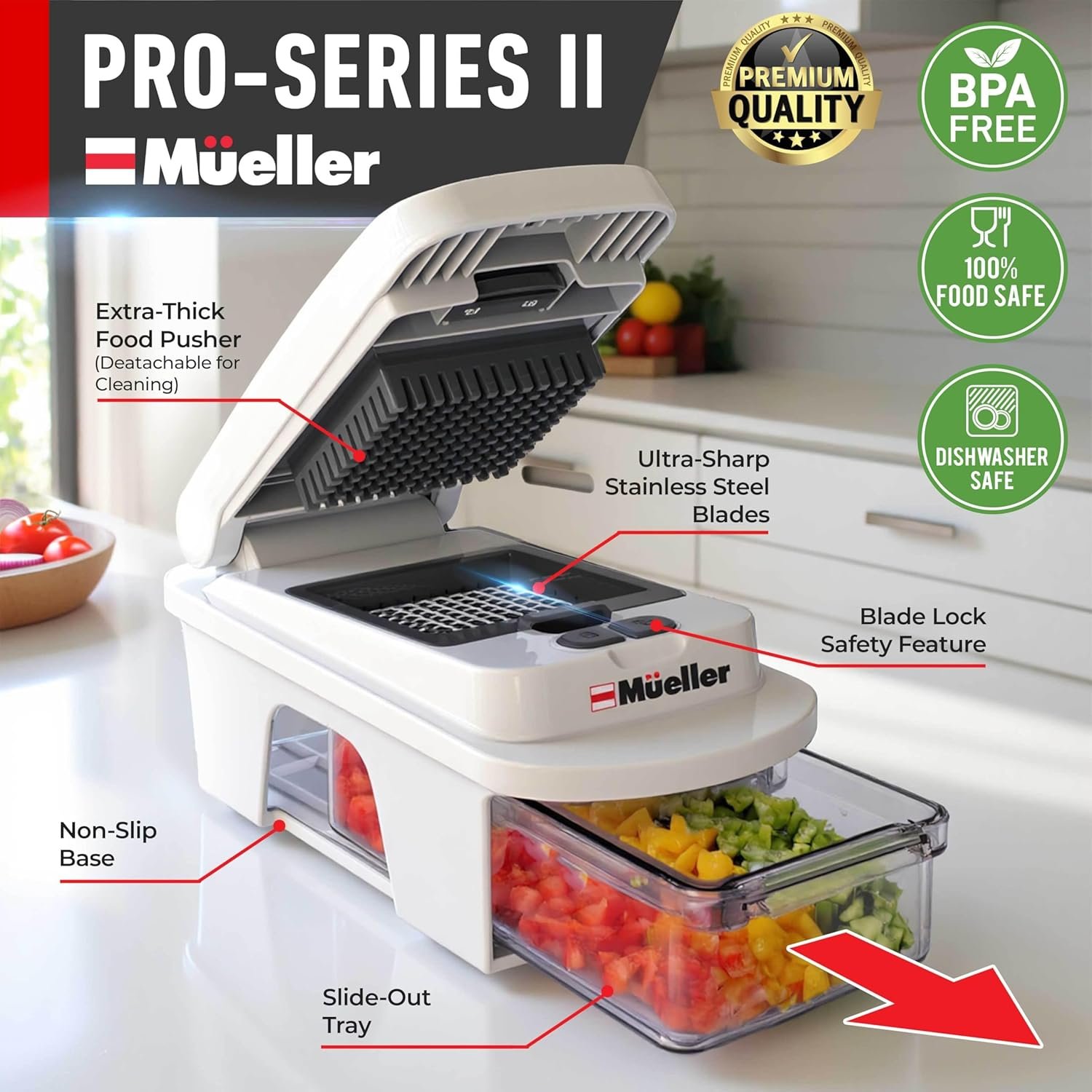 Hot Deals Today πΊπΈ - Mueller Pro-Series All-in-One, 12 Blade Mandoline Slicer for Kitchen, Food Chopper, Vegetable Slicer and Spiralizer, Cutter, Dicer, Grater, Kitchen Gadgets Sets with Container, White Sand/Gray - Image 3