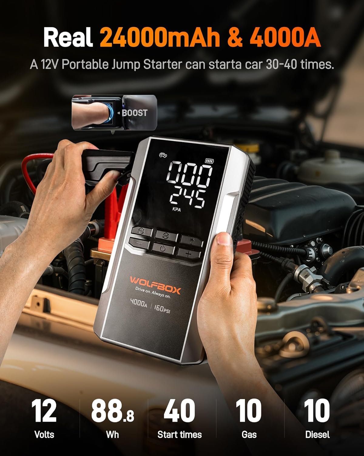 Hot Deals Today 🇺🇸 - WOLFBOX 4000A Jump Starter with 160PSI Air Compressor, 12V Car Battery Booster, 65W Fast Charge, 24000mAh Portable Tire Inflator, LED Display for 10L Gas & 10L Diesel Engines, LED Light, Jumper Cables - Image 4