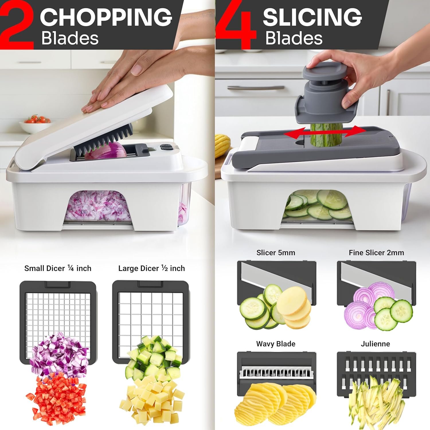 Hot Deals Today πΊπΈ - Mueller Pro-Series All-in-One, 12 Blade Mandoline Slicer for Kitchen, Food Chopper, Vegetable Slicer and Spiralizer, Cutter, Dicer, Grater, Kitchen Gadgets Sets with Container, White Sand/Gray - Image 5