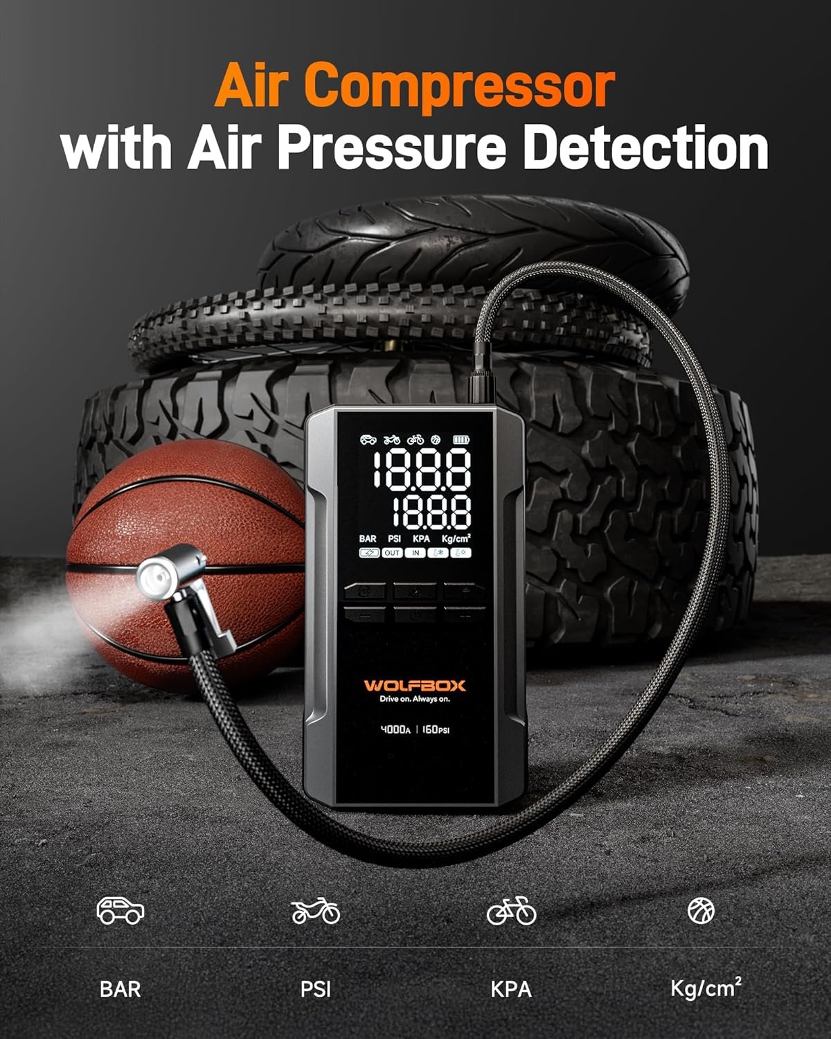 Hot Deals Today 🇺🇸 - WOLFBOX 4000A Jump Starter with 160PSI Air Compressor, 12V Car Battery Booster, 65W Fast Charge, 24000mAh Portable Tire Inflator, LED Display for 10L Gas & 10L Diesel Engines, LED Light, Jumper Cables - Image 5