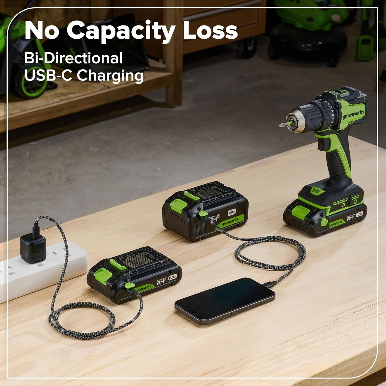 Hot Deals Today ๐บ๐ธ - GREENWORKS 24V 1/2" Brushless Cordless Drill (400 In-lbs.), 2.0Ah (12,000mAh Power Bank) USB-C Batteries, 3.3 FT Braided Cable, 30W Charger - Image 10