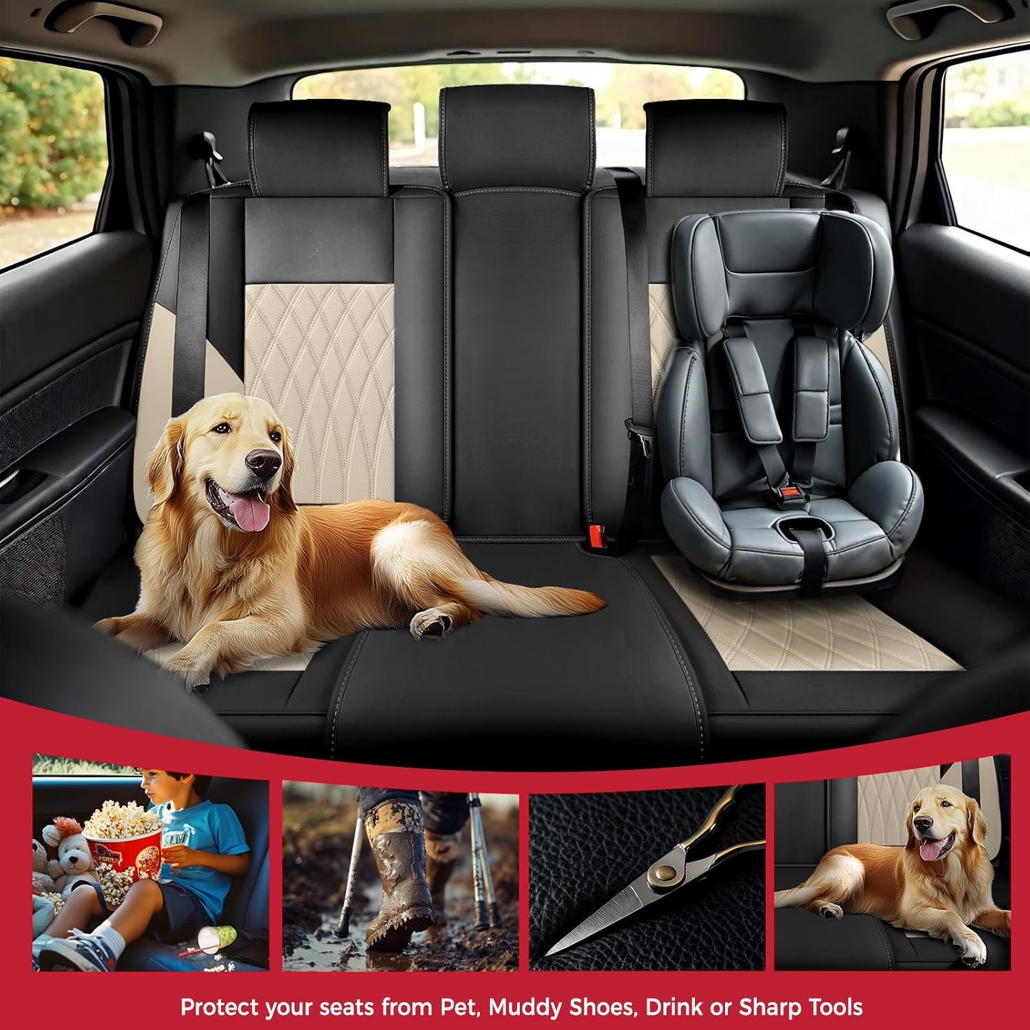 Hot Deals Today 🇺🇸 - FREESOO Black Beige Car Seat Covers Full Set - Faux Nappa Leather Seat Covers for Cars, Luxury Breathable Waterproof Front Seats with Lumbar Support and Back Seat Cover, Fit for Sedans SUVs Pick-ups - Image 8