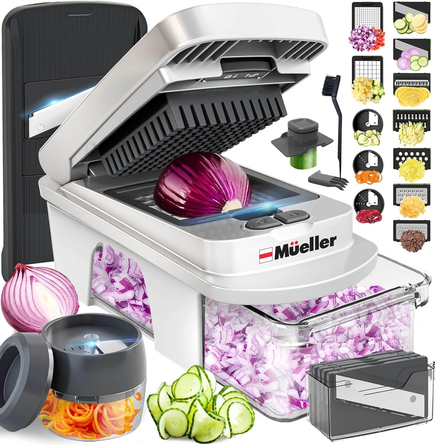 Hot Deals Today πΊπΈ - Mueller Pro-Series All-in-One, 12 Blade Mandoline Slicer for Kitchen, Food Chopper, Vegetable Slicer and Spiralizer, Cutter, Dicer, Grater, Kitchen Gadgets Sets with Container, White Sand/Gray - Image 2