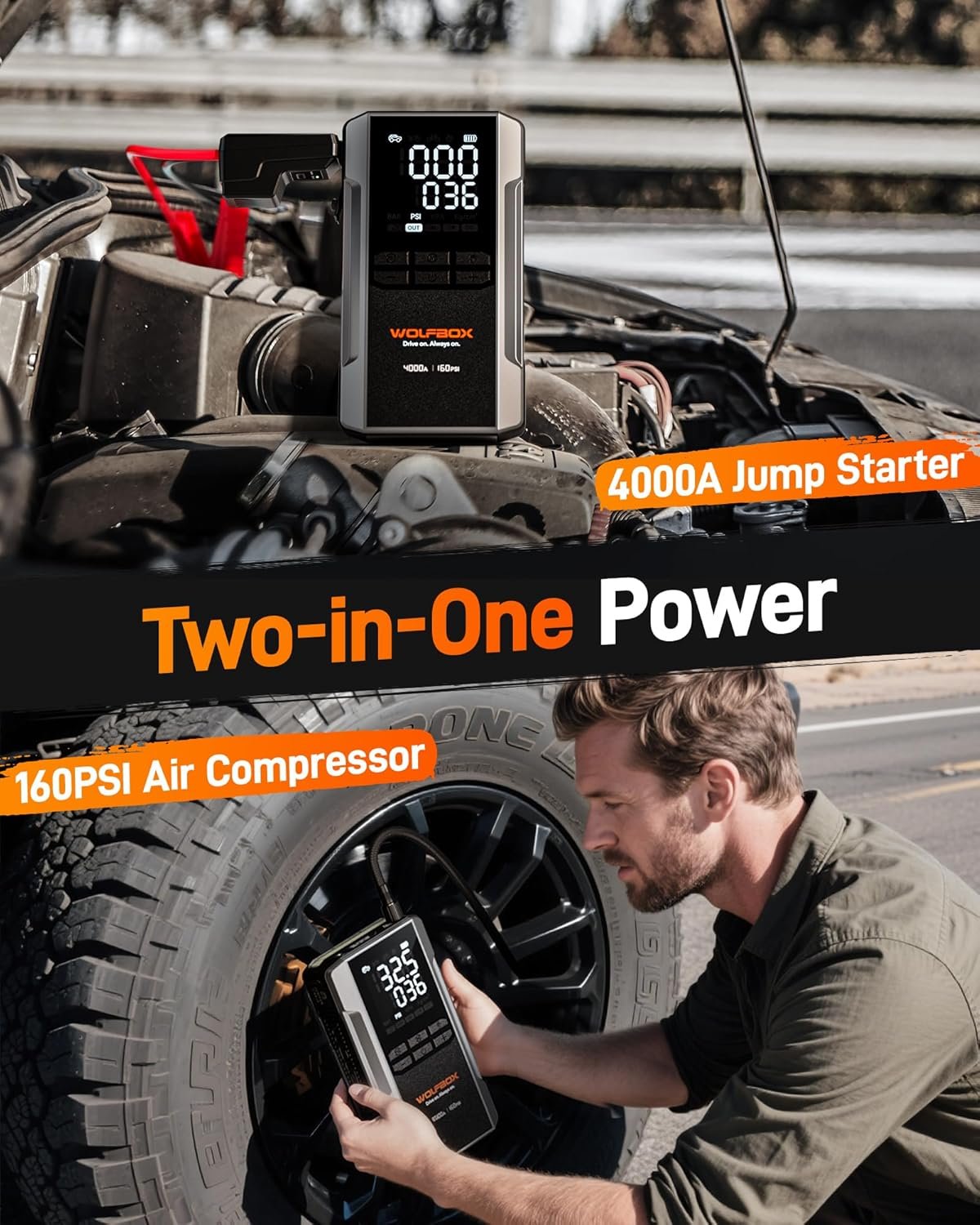 Hot Deals Today 🇺🇸 - WOLFBOX 4000A Jump Starter with 160PSI Air Compressor, 12V Car Battery Booster, 65W Fast Charge, 24000mAh Portable Tire Inflator, LED Display for 10L Gas & 10L Diesel Engines, LED Light, Jumper Cables - Image 3