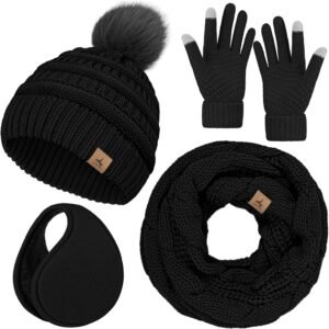 Hot Deals Today 🇺🇸 – Winter Hat Scarf Gloves and Ear Warmer, Warm Knit Beanie Hat Touch Screen...