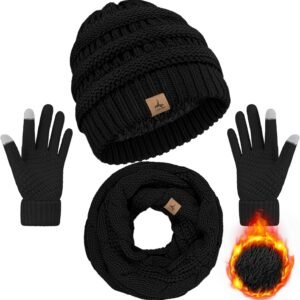 Hot Deals Today 🇺🇸 – Winter Beanie Hat Scarf Gloves, Warm Fleece Knit Hats Touch Screen Gloves...
