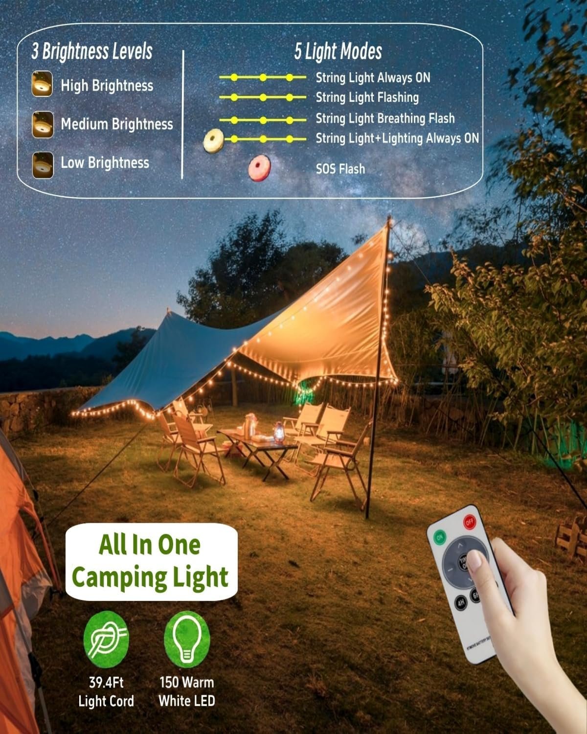 Hot Deals Today 🇺🇸 - Solar Camping String Lights, 39.4 FT Fairy String Light, 4 in 1 Portable Waterproof Camp Lamp with 8 Lighting Modes, Hanging Rechargeable Tent Lantern for Christmas Decorations Patio Party Essentials - Image 6