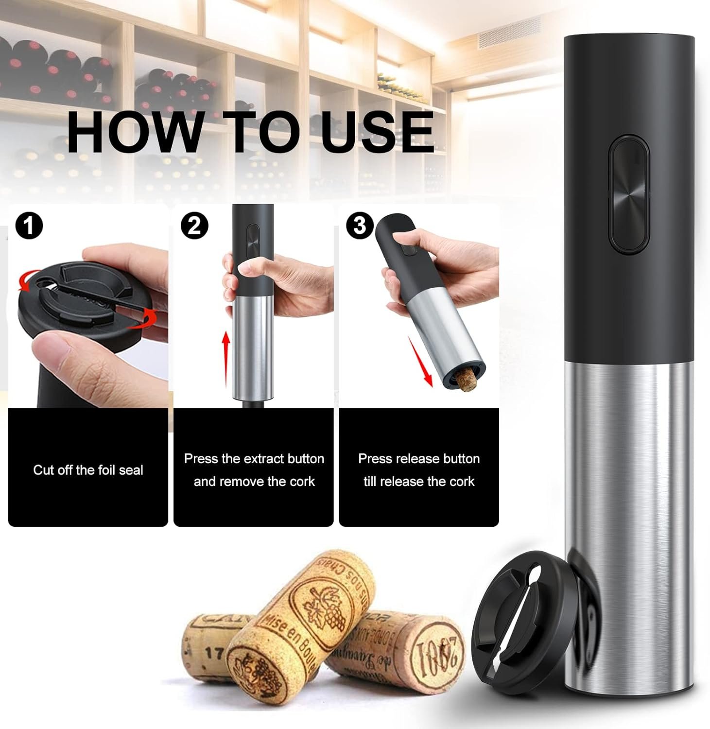 Hot Deals Today 🇺🇸 - COKUNST Electric Wine Openers, Reusable Wine Bottle Corkscrew Opener with Foil Cutter, Battery Operated Stainless Steel Wine Remover for Home Kitchen Party Bar Restaurant - Image 5