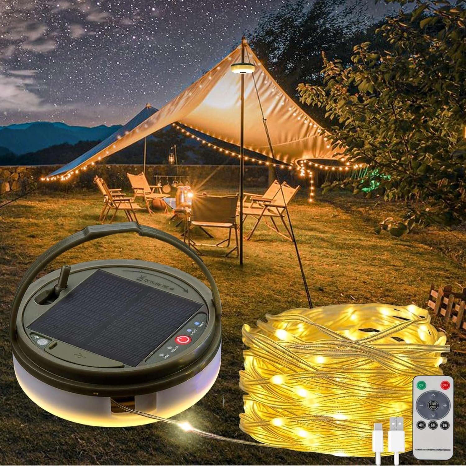 Hot Deals Today 🇺🇸 - Solar Camping String Lights, 39.4 FT Fairy String Light, 4 in 1 Portable Waterproof Camp Lamp with 8 Lighting Modes, Hanging Rechargeable Tent Lantern for Christmas Decorations Patio Party Essentials - Image 2