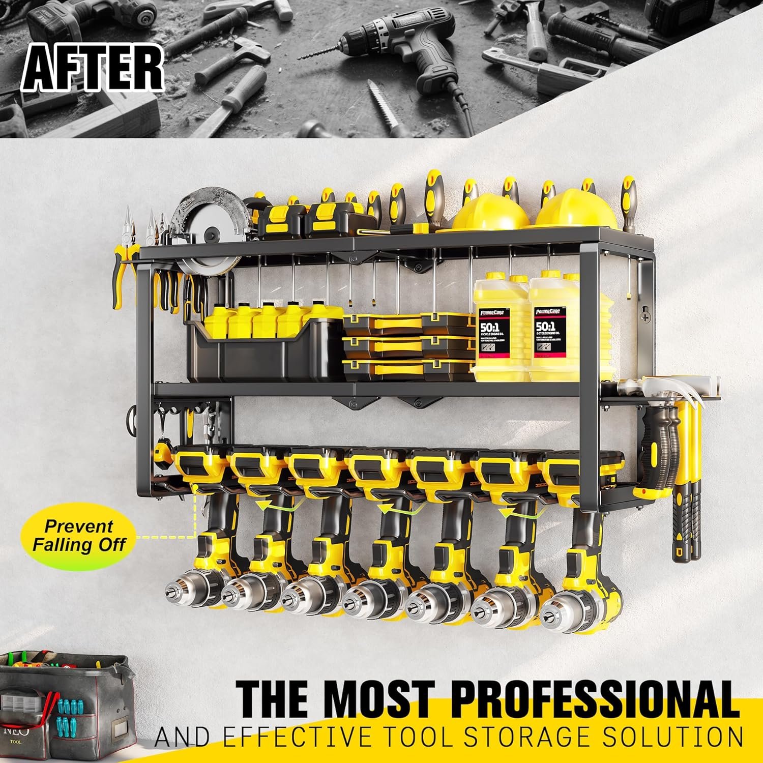 Hot Deals Today 🇺🇸 - Power Tool Organizer Wall Mount - 300Lbs Load 3 Layers Storage Rack with 7 Drill Holders for Drills Cordless Tools. Heavy Duty Iron Garage Tool Organizer Storage for Workshop Shed Pegboard Basement - Image 6