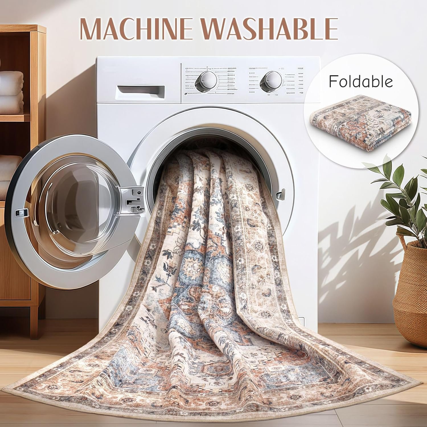 Hot Deals Today 🇺🇸 - Washable Rug 6x9 Area Rugs: Boho Vintage Distressed Oriental Medallion Neutral Thin Large Rug Carpet for Living Room Bedroom Dining Room Home Office Decor - Camel - Image 4