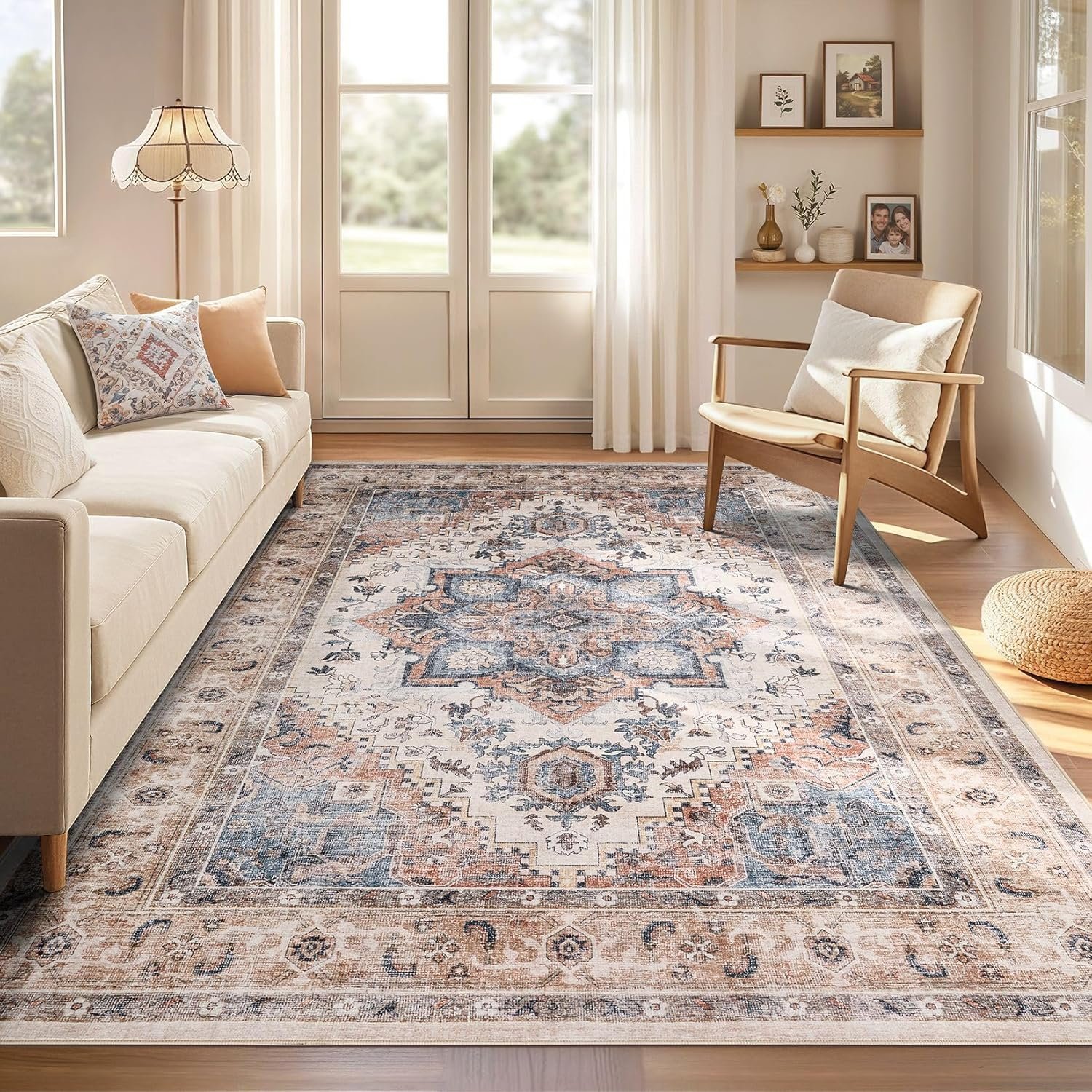Hot Deals Today 🇺🇸 - Washable Rug 6x9 Area Rugs: Boho Vintage Distressed Oriental Medallion Neutral Thin Large Rug Carpet for Living Room Bedroom Dining Room Home Office Decor - Camel - Image 3