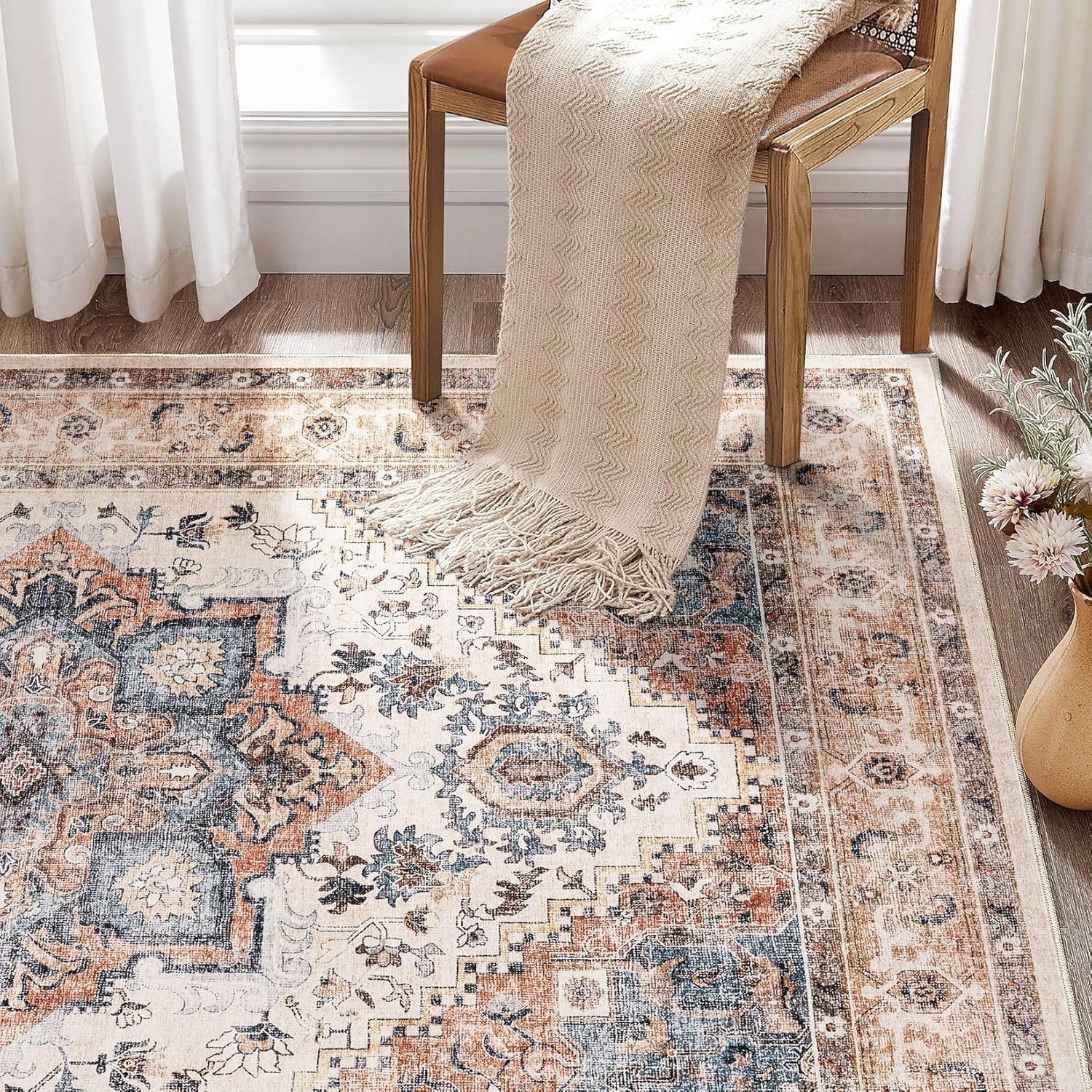 Hot Deals Today 🇺🇸 - Washable Rug 6x9 Area Rugs: Boho Vintage Distressed Oriental Medallion Neutral Thin Large Rug Carpet for Living Room Bedroom Dining Room Home Office Decor - Camel - Image 7