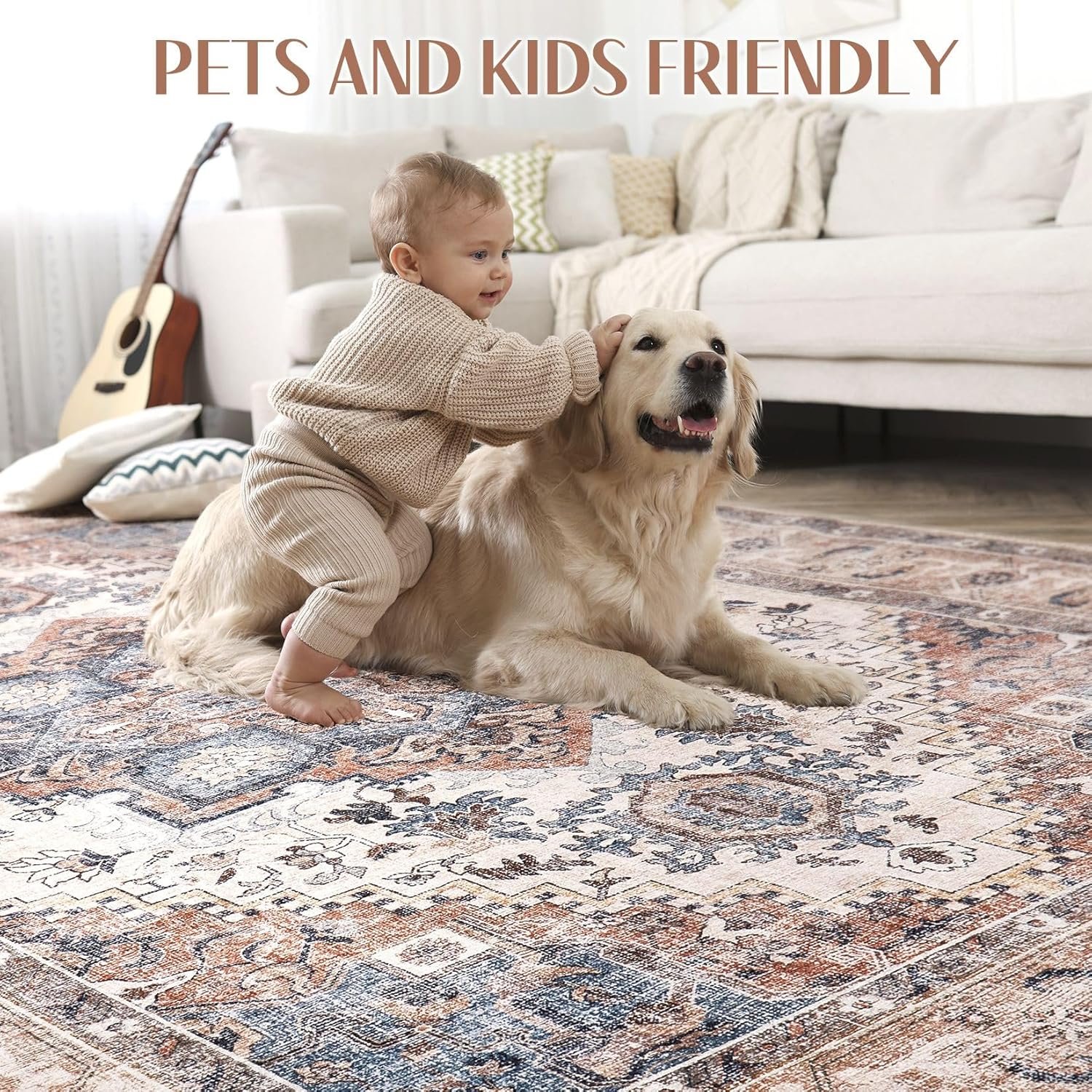 Hot Deals Today 🇺🇸 - Washable Rug 6x9 Area Rugs: Boho Vintage Distressed Oriental Medallion Neutral Thin Large Rug Carpet for Living Room Bedroom Dining Room Home Office Decor - Camel - Image 5