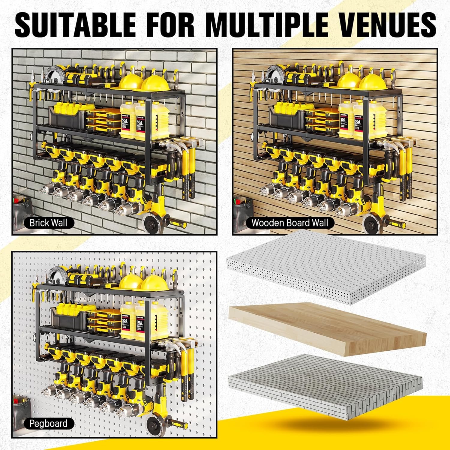 Hot Deals Today 🇺🇸 - Power Tool Organizer Wall Mount - 300Lbs Load 3 Layers Storage Rack with 7 Drill Holders for Drills Cordless Tools. Heavy Duty Iron Garage Tool Organizer Storage for Workshop Shed Pegboard Basement - Image 8